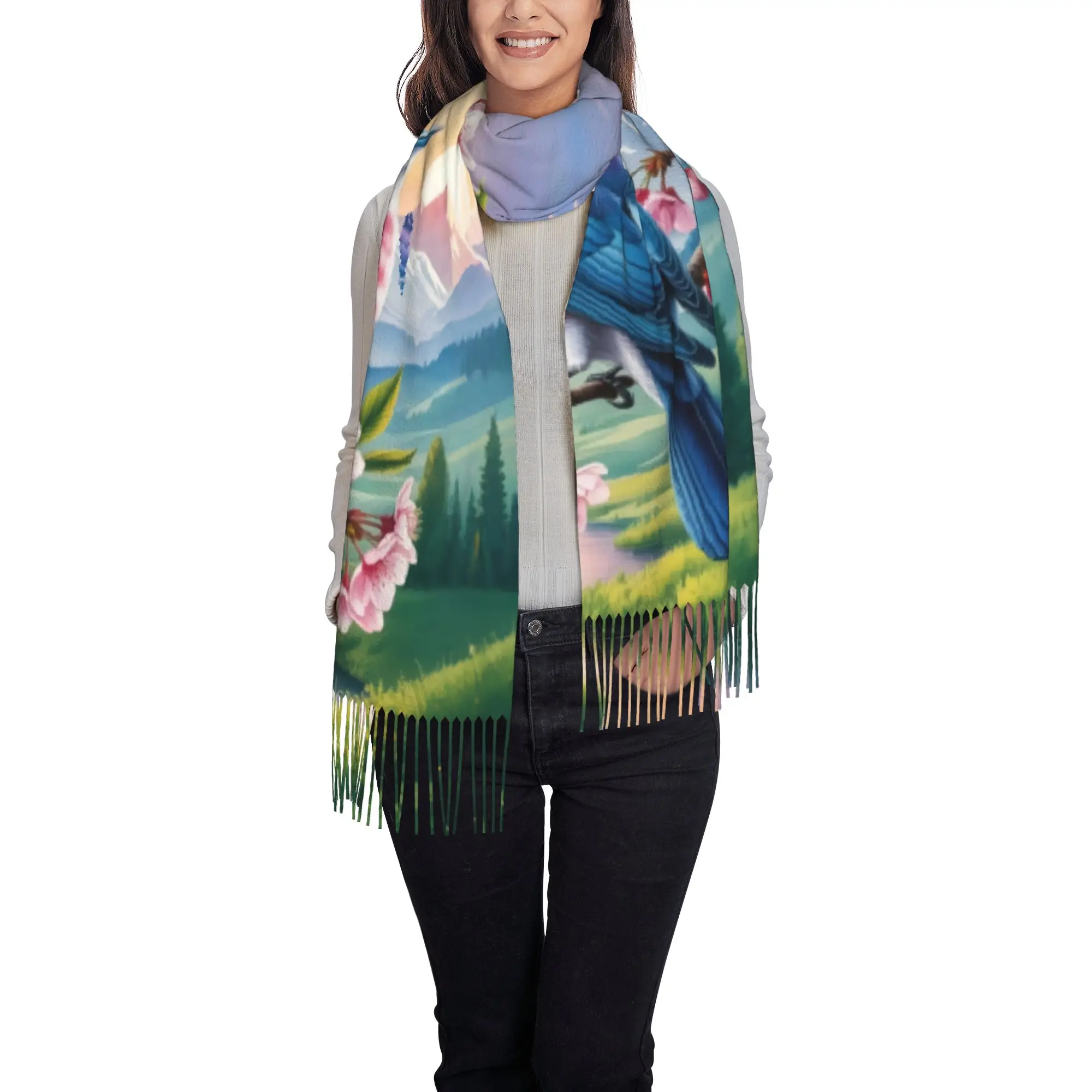 Custom Printed Pastoral Songbird Cherry Blossom Mountain Sunset Scarf  Men Women Winter Fall Warm Scarves  Shawls Wraps