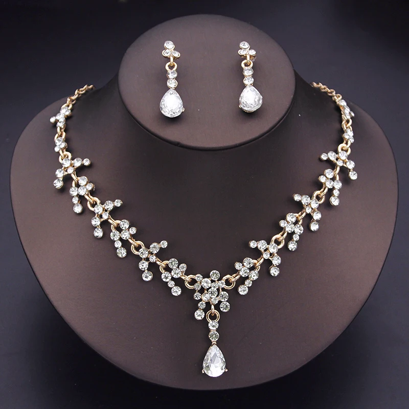 Water drop Crystal Bridal Wedding Jewelry Sets Women Gold Color Rhinestone Necklace Earrings Set Dress Accessories Bridesmaids