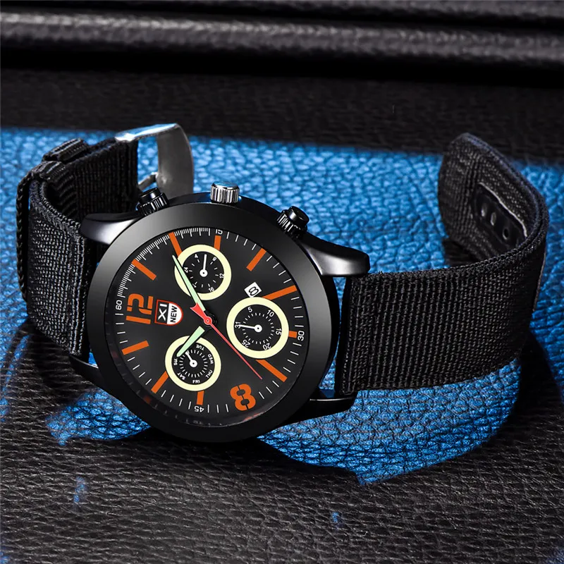 1 pc/lote Homens Genuíno XINEW Marca Relógios Estudantes Meninos Moda Casual Nylon Banda Esportes Data Relógio de Quartzo Preto Montre Homme