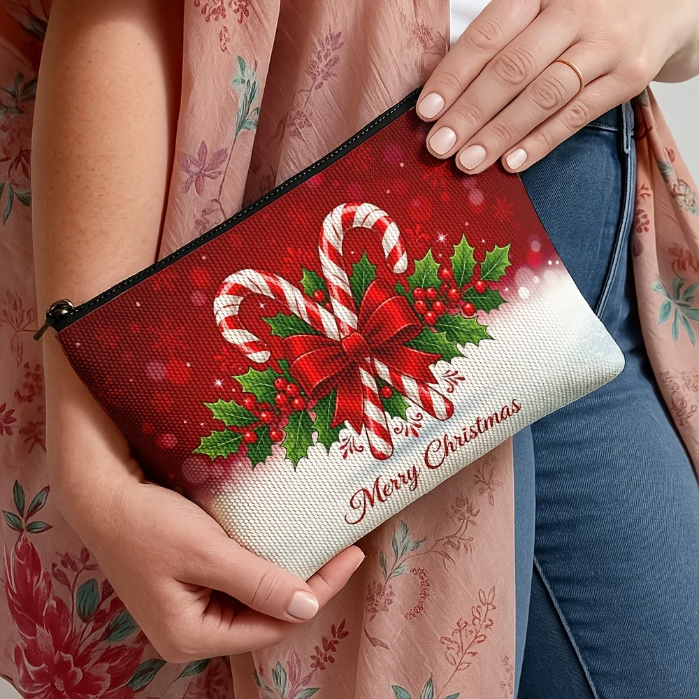1pc Crossed Candy Cane Holly Berry-Crossed Candy Cane Holly Berry Makeup Bag with Zipper, Portable Multi-Functional Storage Bag
