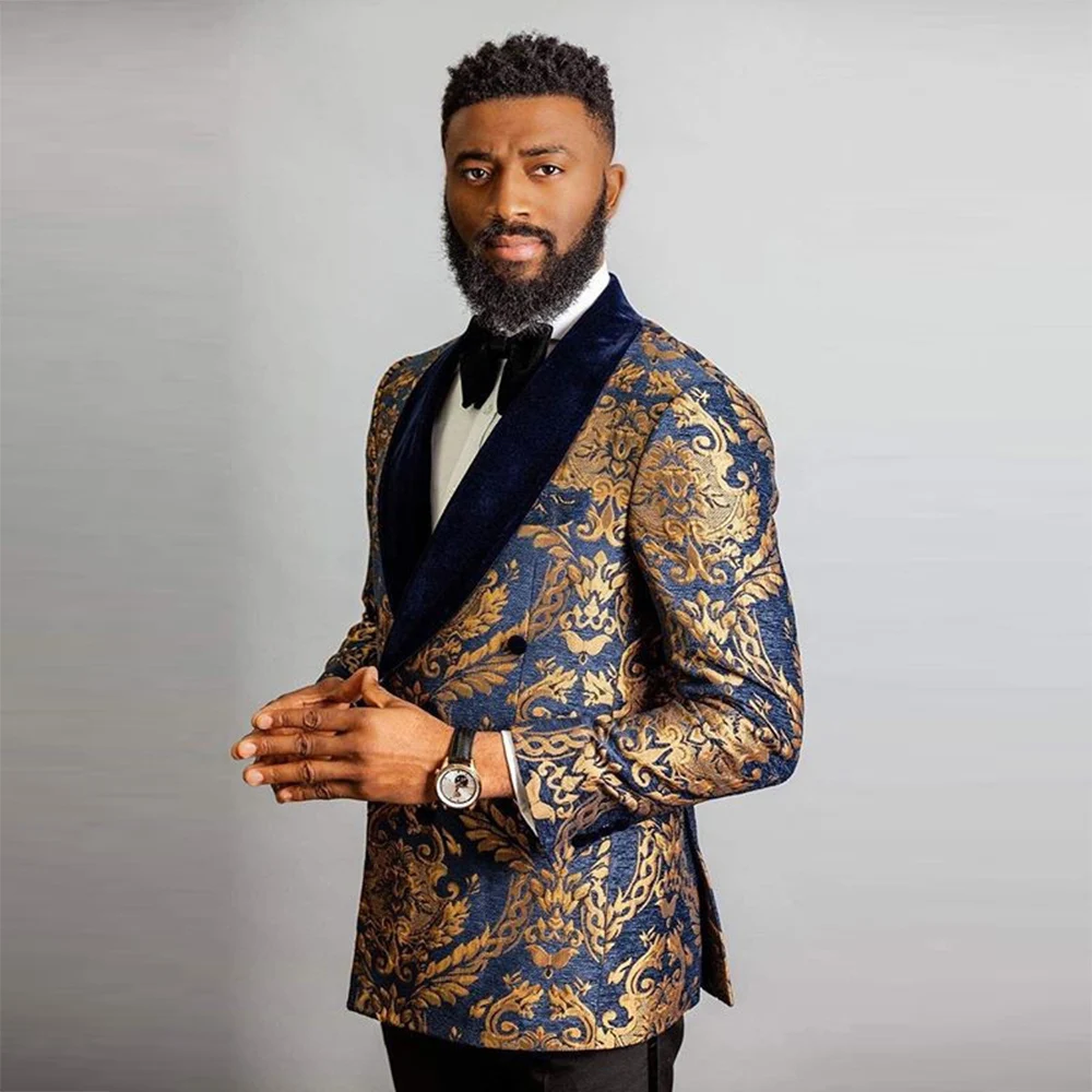 

Vintage Wedding Suits For Men Slim Fit Black Peaked Lapel Jacquards Blazer Pants 2 Pieces Groomsmen Tuxedos Custom Made Blazers
