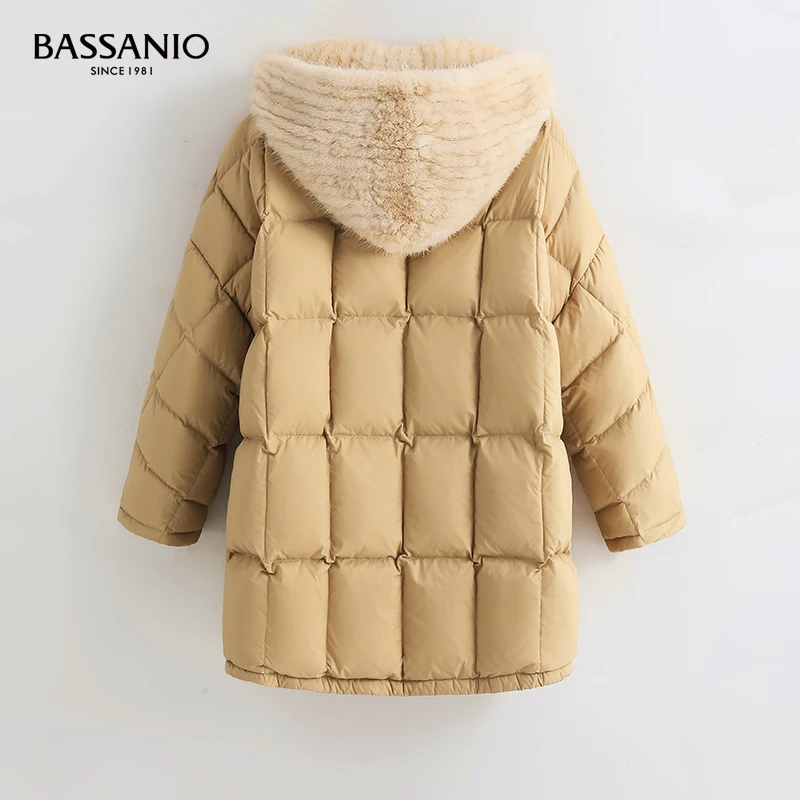 Casaco de pele de vison tecido feminino com capuz para baixo casaco de inverno quente outwear ganso branco para baixo