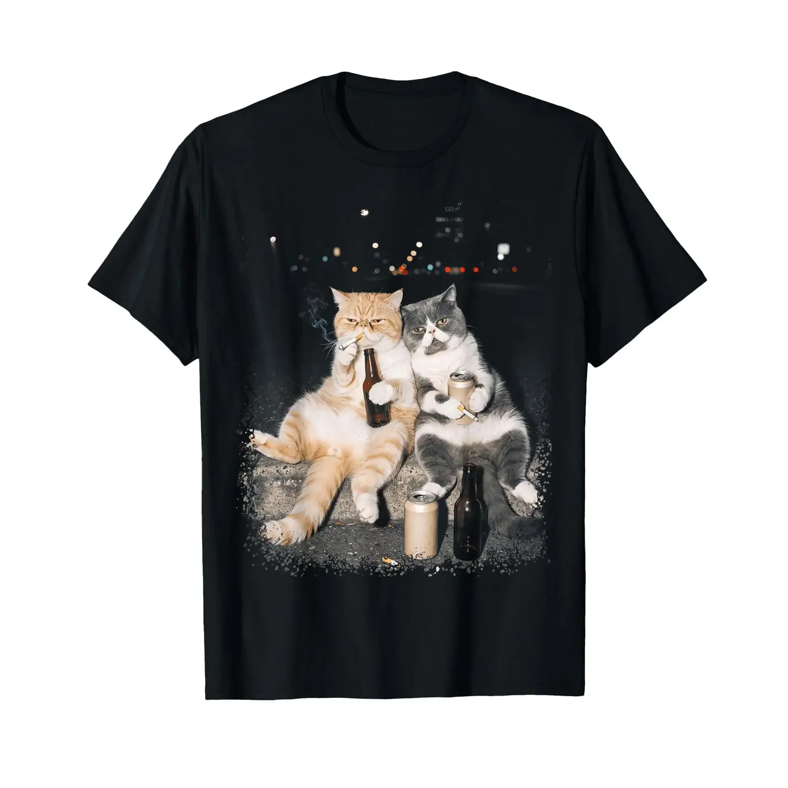 Funny 2 smoking exotic shorthaired cats drinking beer meme t shirt vintage Washed Versatile Soft graphic Casual Comfortable