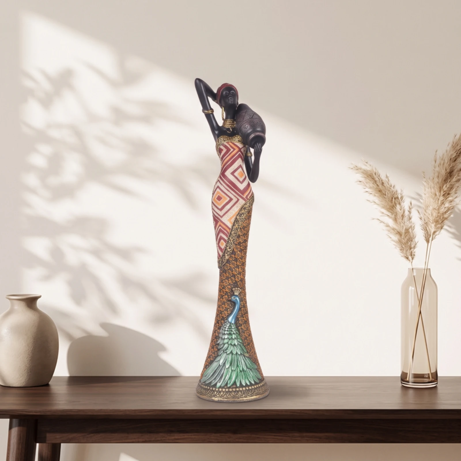 African Woman Figurine Ethnic-Inspired African Lady Statue Sculpture Elegant Figurines Slender for Home Decorators, Living Room