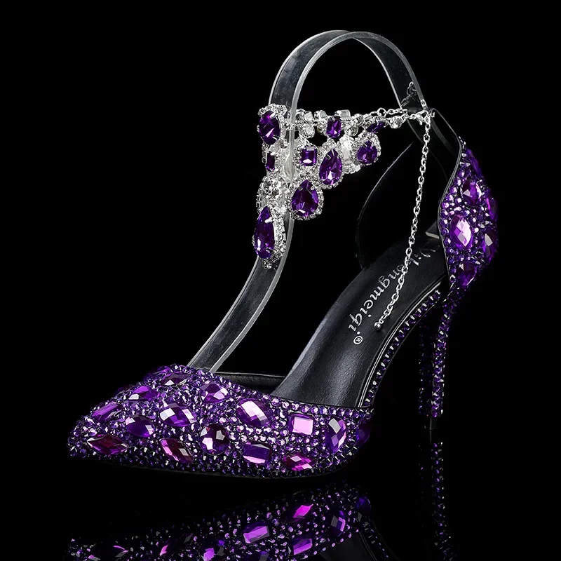 2024 Autumn Slim Heels Shallow Mouth Luxury Blue Water Diamond Pearl Women Single Shoes 9CM Wedding Party Shoes Sandalias Mujer