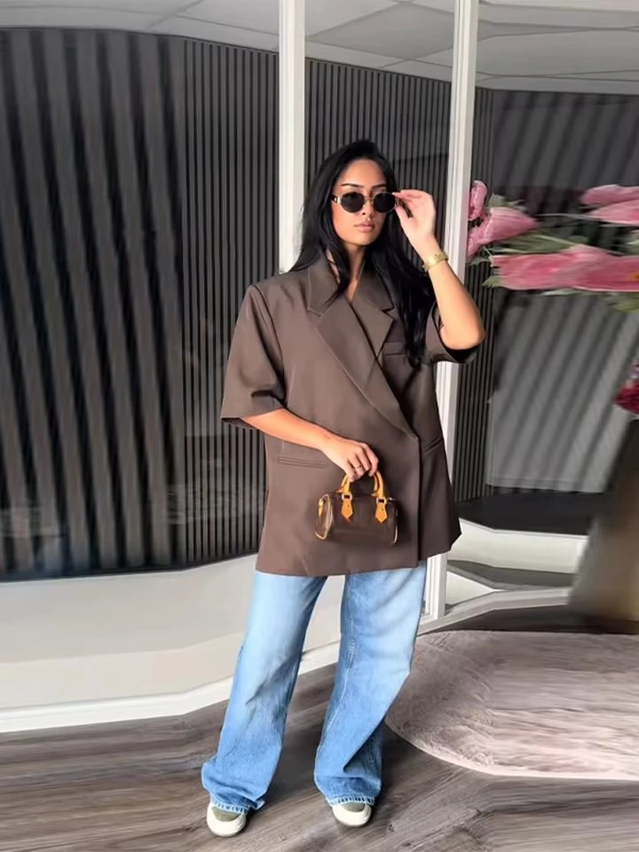 แจ็คเก็ตสูทผู้หญิงหลวมLapelหนึ่งปุ่มแขนสั้นBlazers 2025 ฤดูร้อนElegant Lady Office Outwear Street