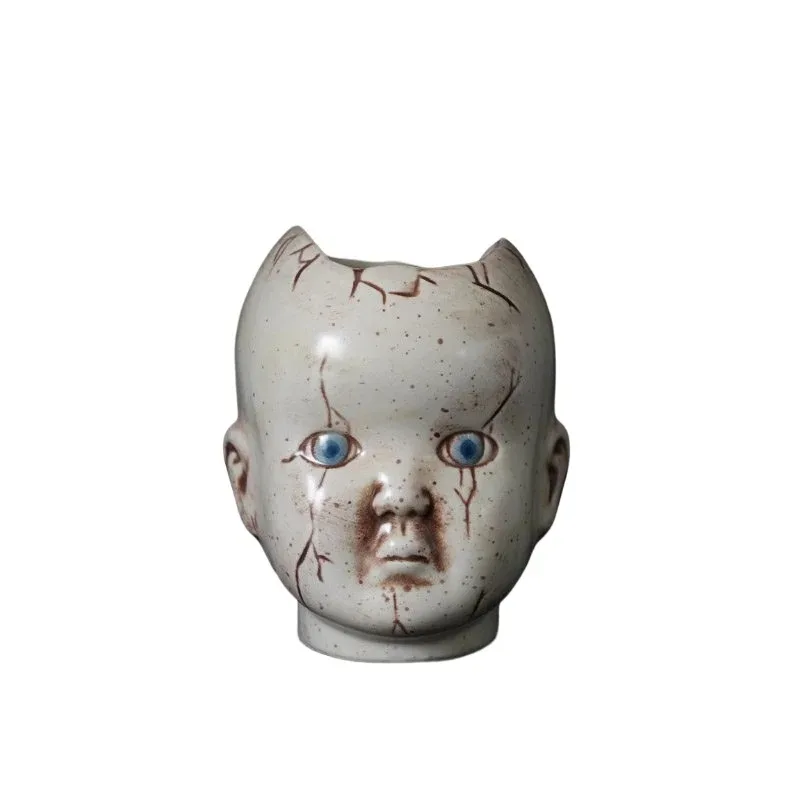 Horror themed doll head ceramic vase ornament,quirky pen holder storage,Gothic home decoration,unique Halloween decoration gift