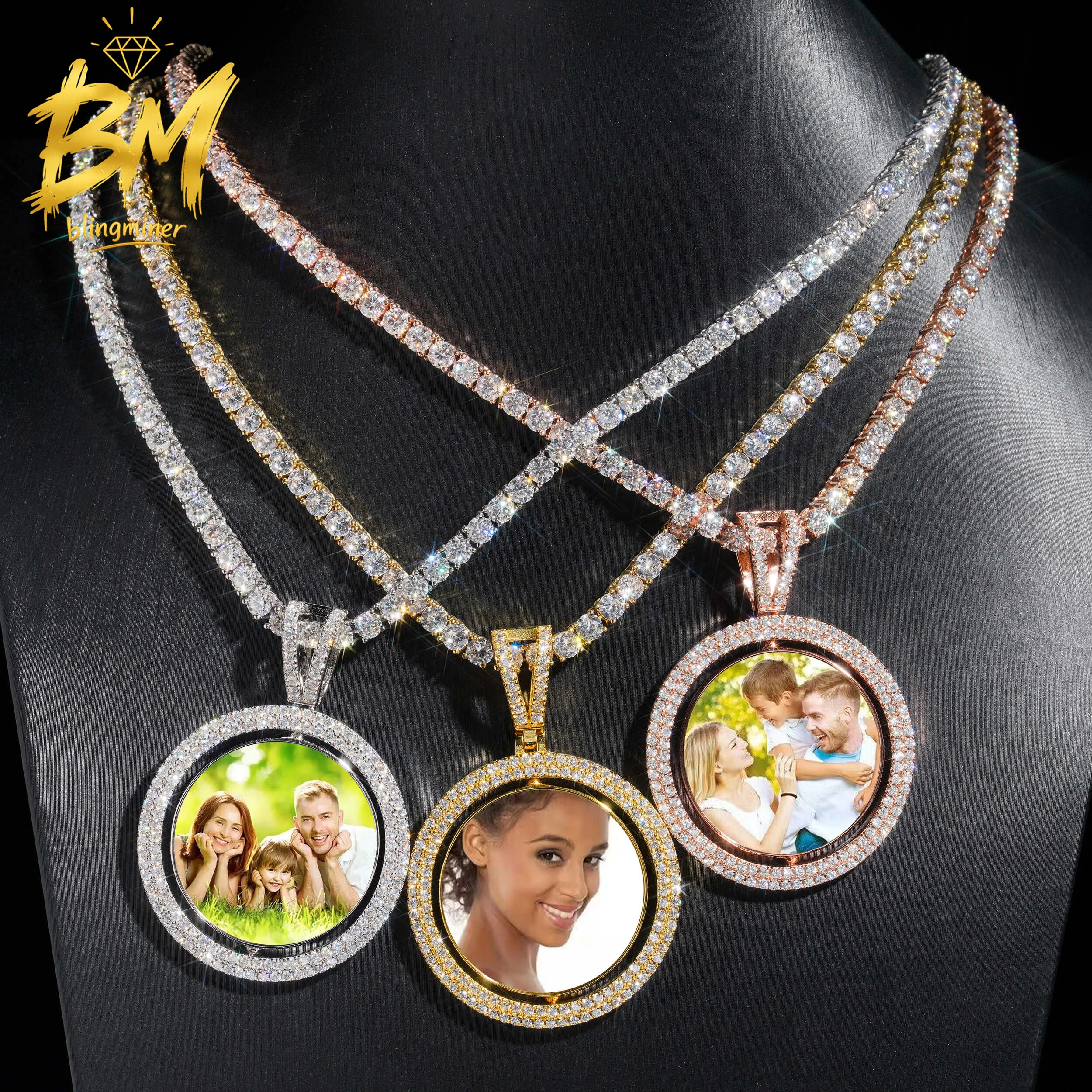 Blingminer Photo Charms Rotatable Double-faced VVS Moissanite Pendant For Men Women S925 Silver Pendants GRA Free Shipping