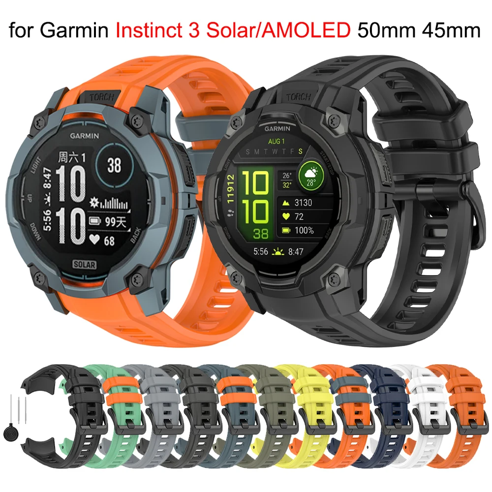 Instinct 3 Solar 45mm 50mm、Instinct E 3 AMOLED 50mm対応 ラバーバンド ストラップ スポーツウォッチバンド リストバンド ブレスレット (隙間なし)