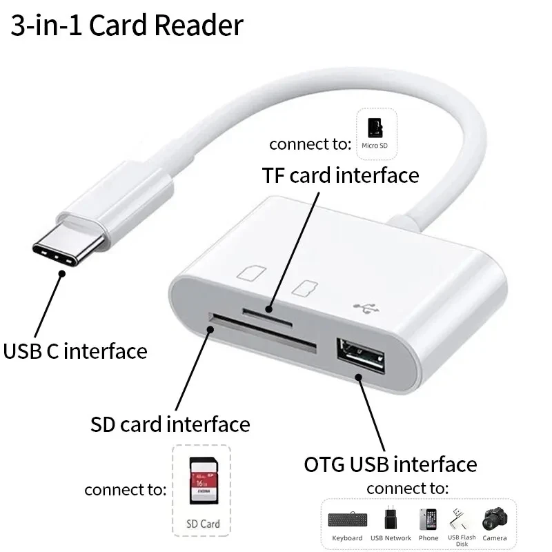 Lettore di schede OTG multifunzionale 3 in 1 da tipo C 2.0 a TF/SD/USB adatto per Samsung Huawei Xiaomi Android U Disk Tablet bianco