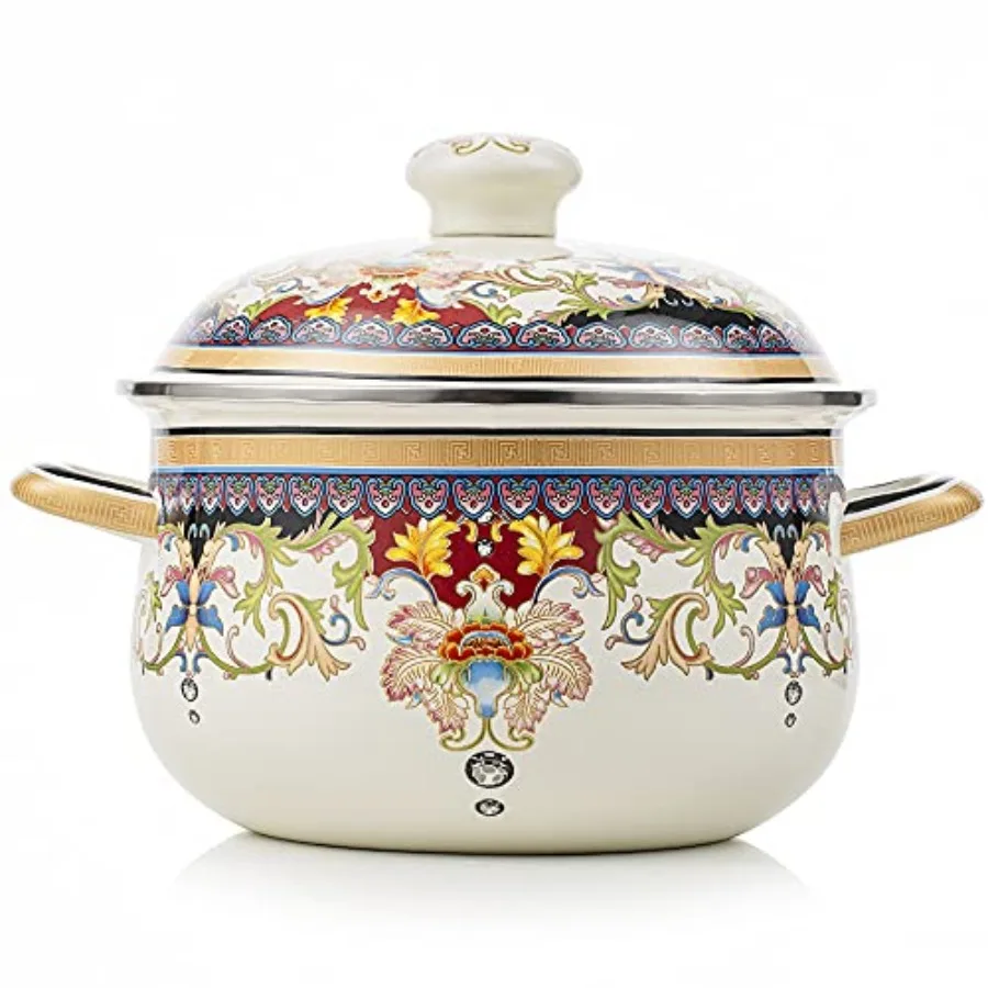 

Retro Flower Enamel Stockpot with LidStockpots for Cooking 5L-Mysterious Flower