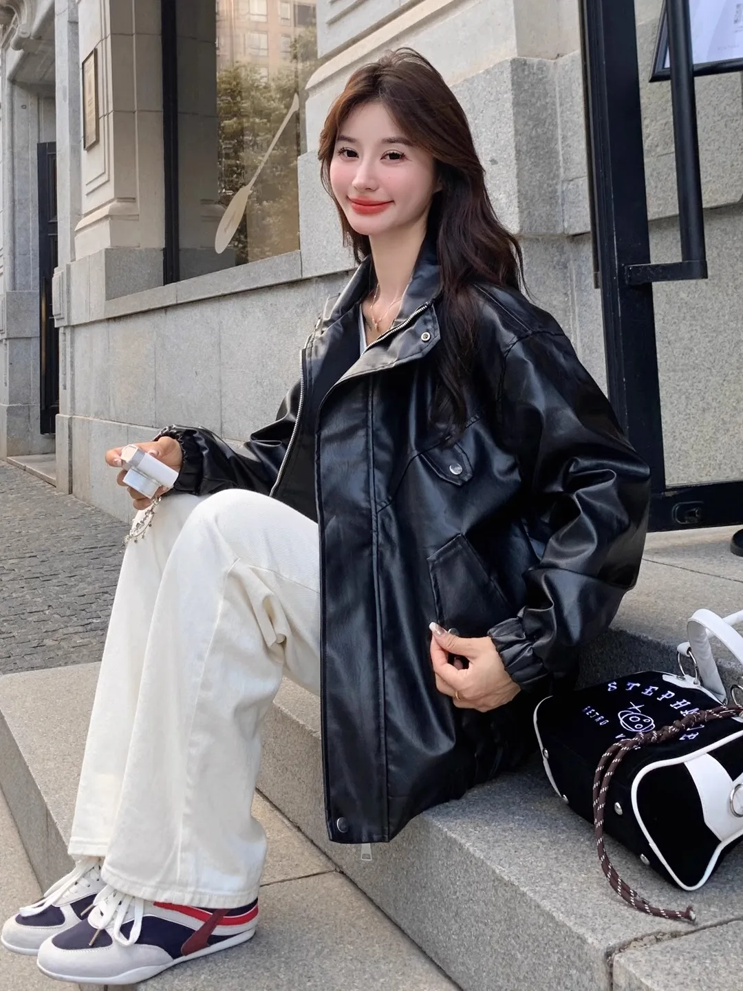 Bla Biker Jaet Cappotto in pelle semplice casual allentato da donna Autunno Nuovo arrivo Chiusura con cerniera Colletto lungo Sve Stand