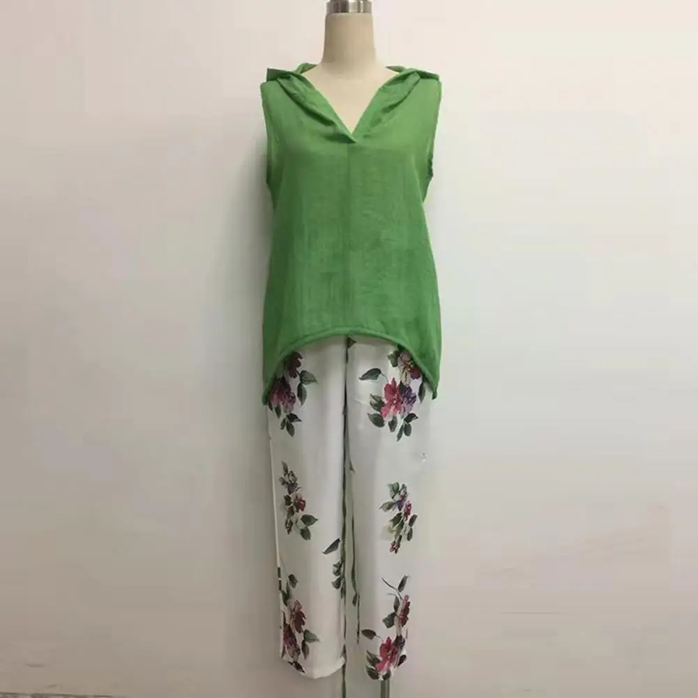 Ensemble de pantalons en Y pour femmes, 2 pièces, col en V, solide, décontracté, fibres à capuche, glaTop, motif floral, fjSet, 03/Clothes