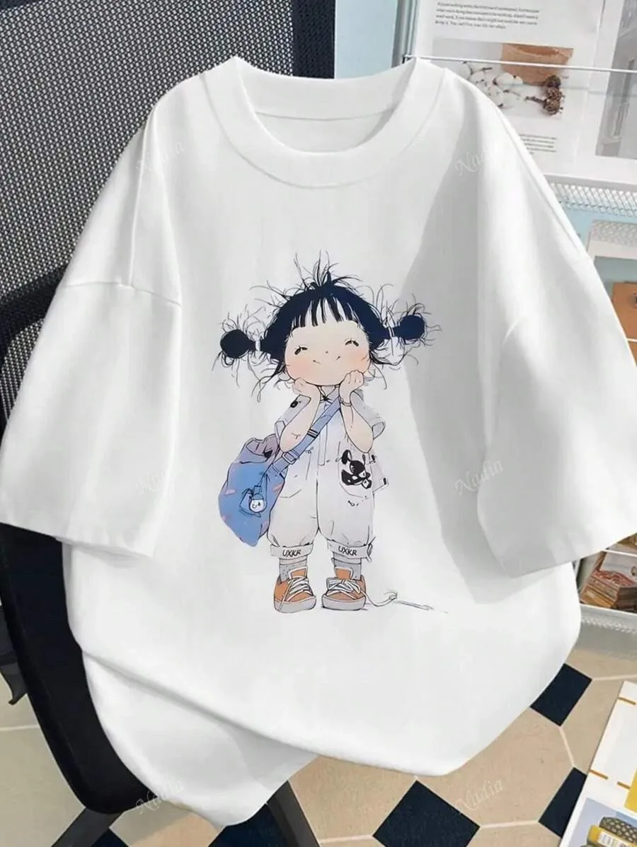 

Большие размеры, повседневная милая тематическая футболка, белая с коротким рукавом и уникальным принтом