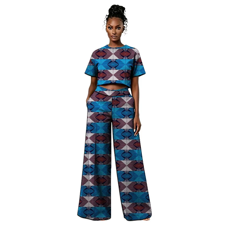 Summer Design African Couture Vintage Style Women's Mini Tops+Wide Leg Pants Lady's Ankara Outfits Festival Attire Customized