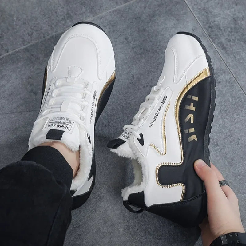 Sepatu kulit pria, sepatu bot hangat musim dingin, sepatu mendaki Non-slip, sneaker Lace-up, sepatu katun flat nyaman Anti Slip