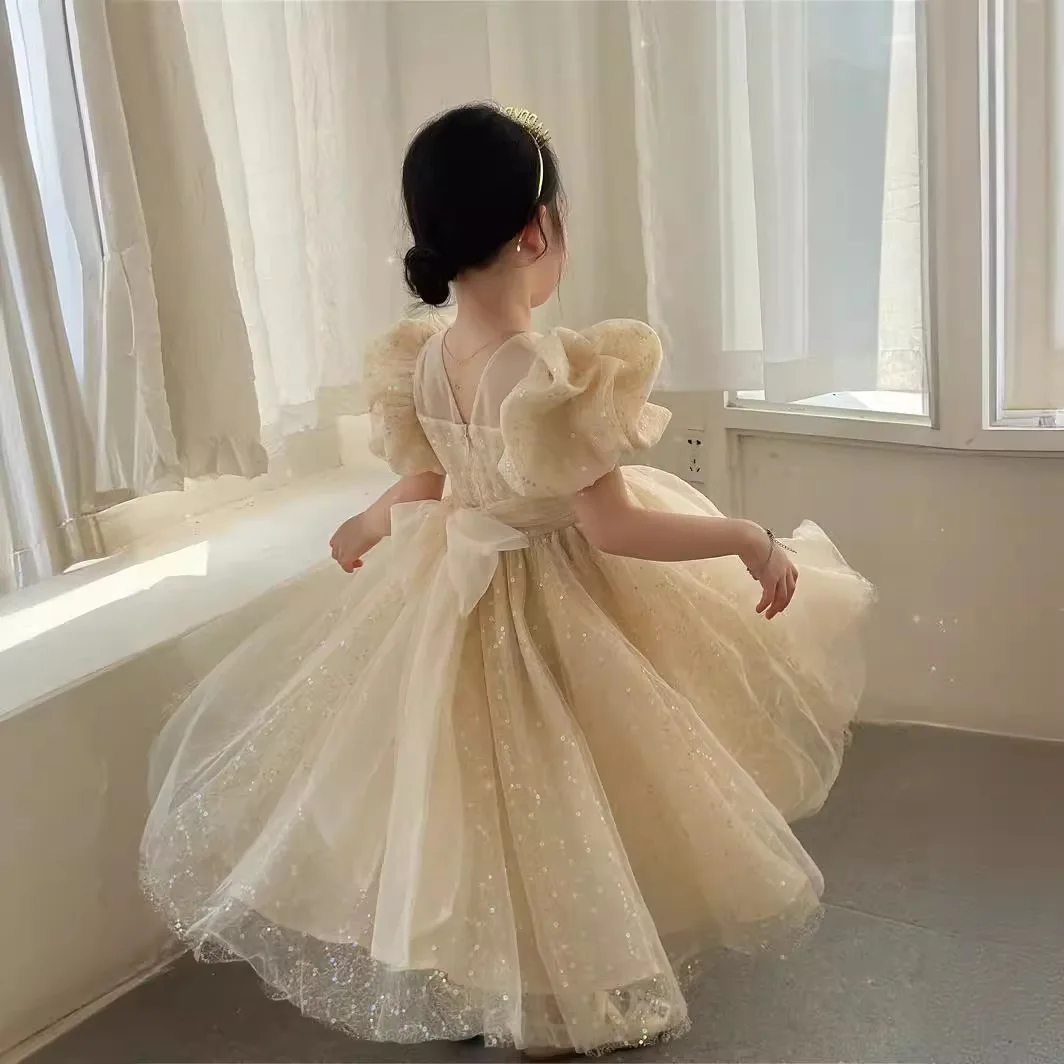 New Piano Performance Dress for Children Birthday Bubble Sleeves Girls Princess Dress High End Light Luxury Dress for Summer