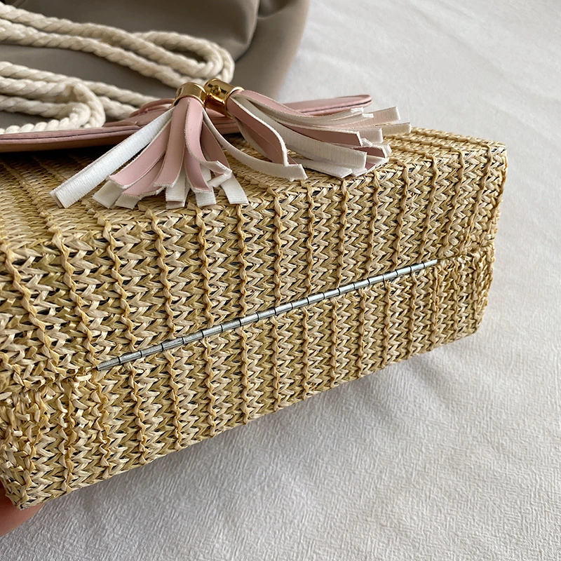Strand Stroh Umhängetasche für Frauen neue Designer Boho Sommer tasche Pu Leder Handtasche und Geldbörse Reise Umhängetasche – Detail 15