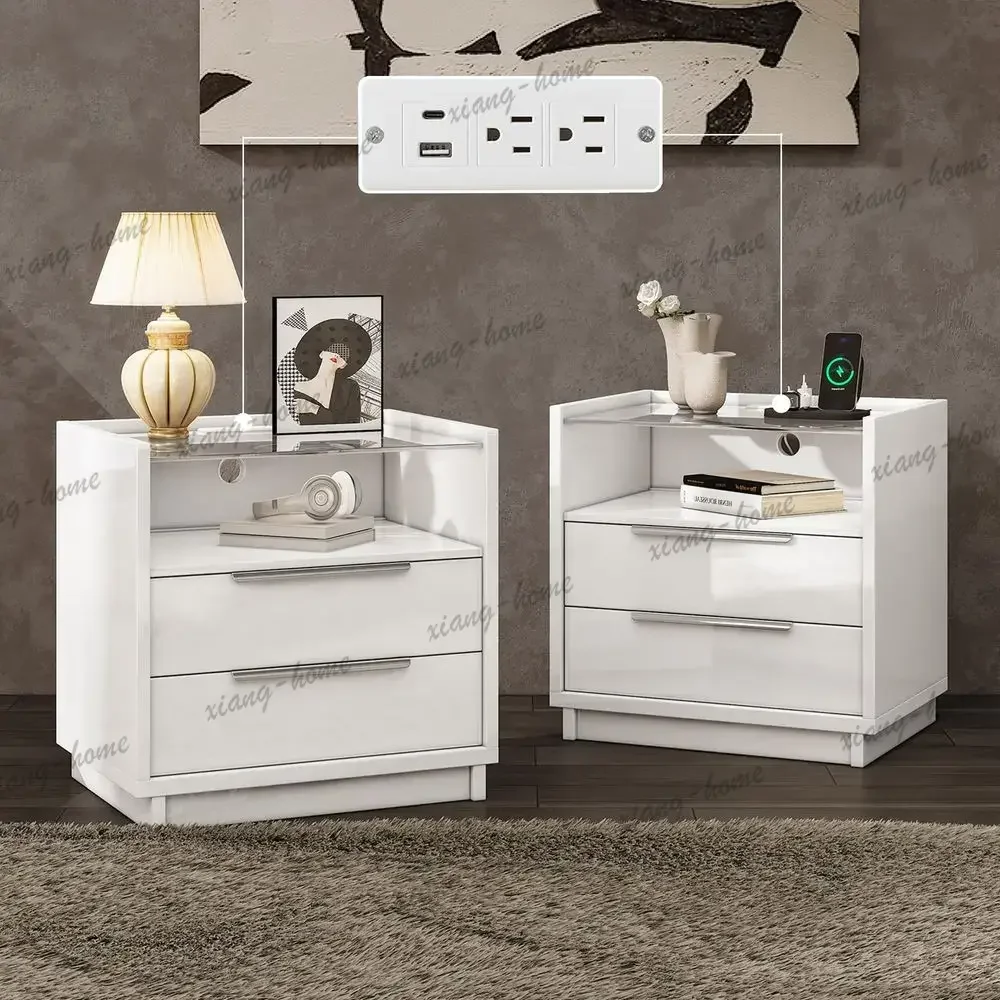 lsNightstand Set of 2, 23.6 End Table with Charging Station, Modern High Gloss Bedside Table with Glass Top, Spacious Drawers am