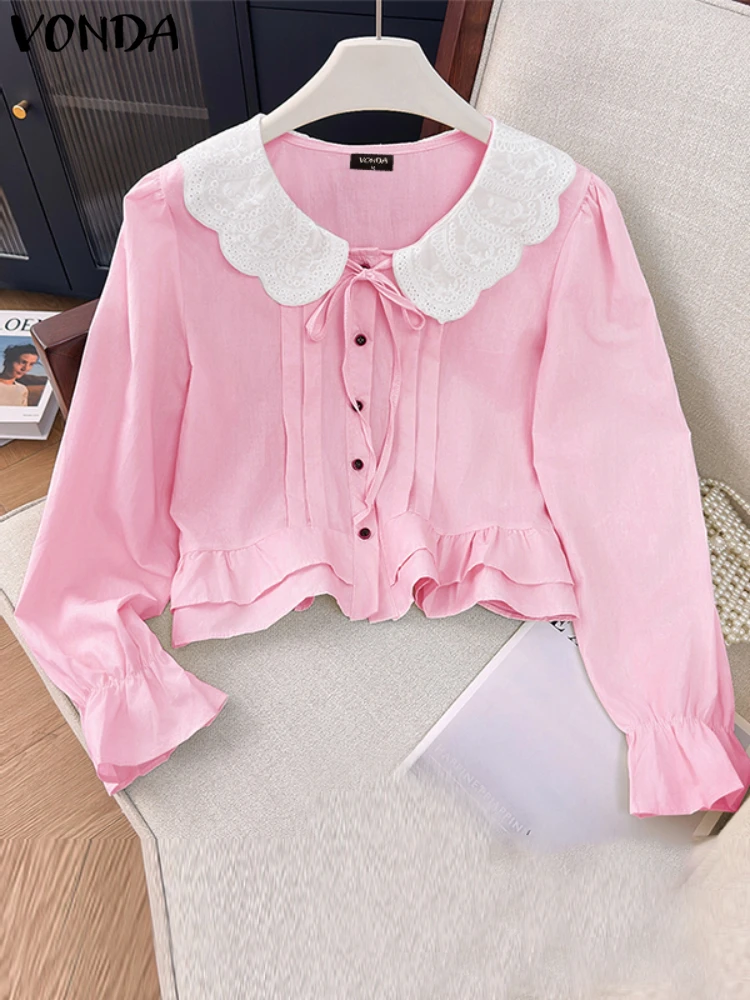 

VONDA милые рубашки женские туники с длинным рукавом топы с воротником Питера Пэна повседневная цветная лоскутная кружевная блузка 2023 осенняя мода Blusas