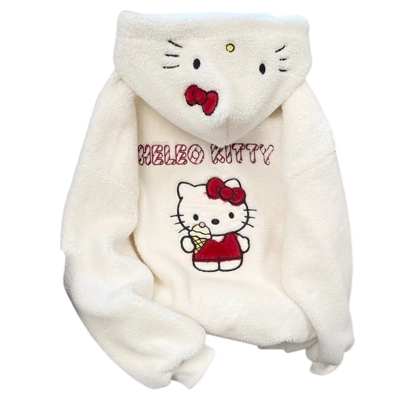 Sudadera de terciopelo de cordero de dibujos animados, chaqueta bordada de Hello Kitty, cárdigan con capucha grueso de felpa japonesa bonita para otoño e invierno