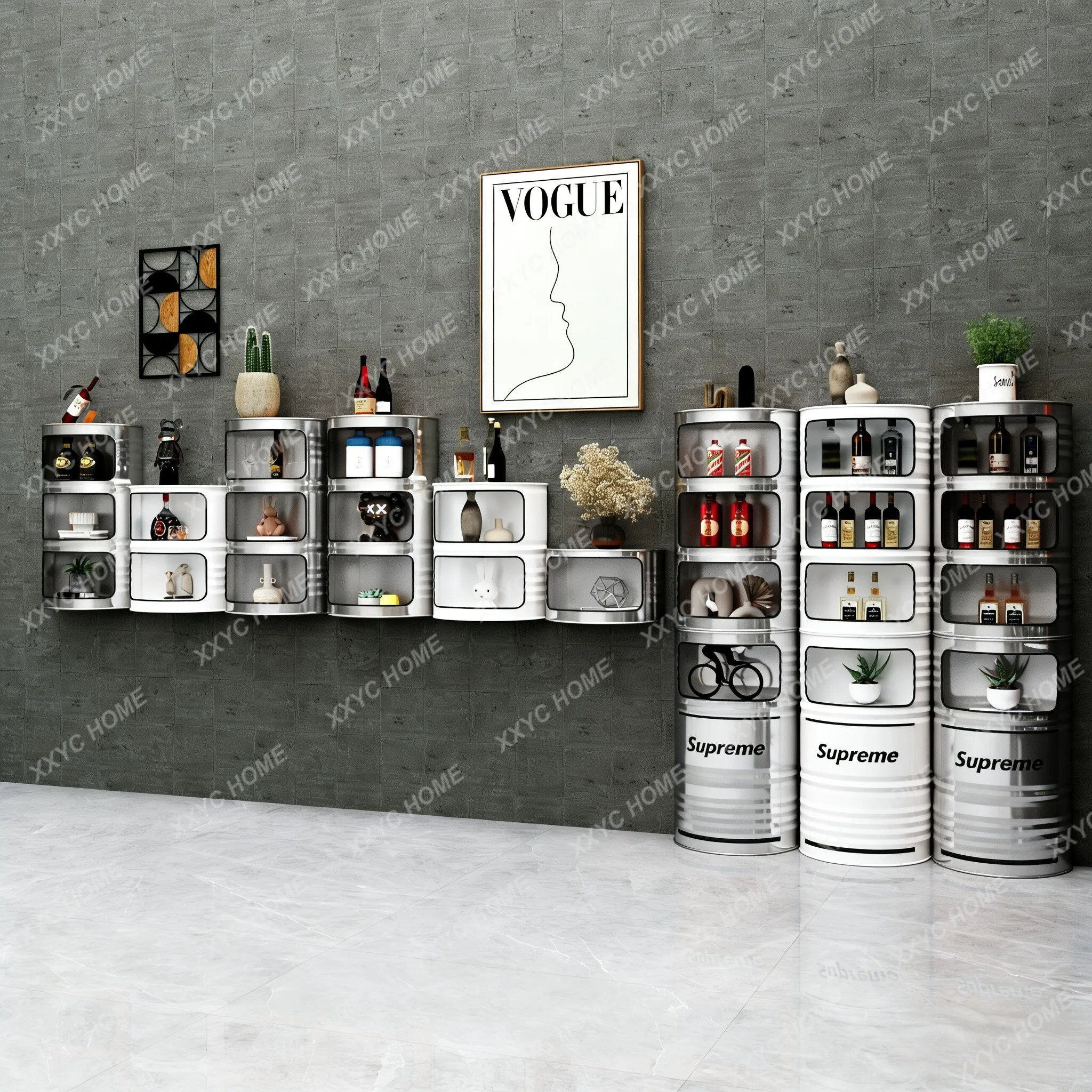 1Industrial wind oil drum modeling creative wall floor figure Lego sample display storage display wine cabinet shelf