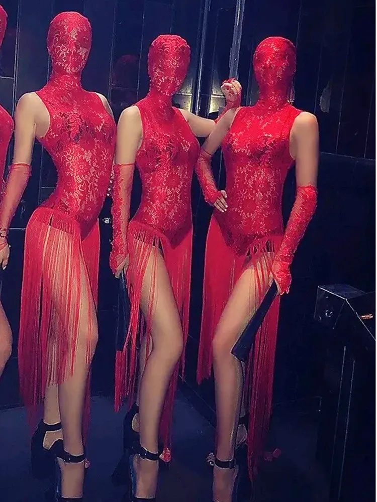 New Red Lace Tassel Bodysuit Gloves Nightclub Performance Dance Costume Woman Sexy Gogo Dancer Singer Show Stage Wear