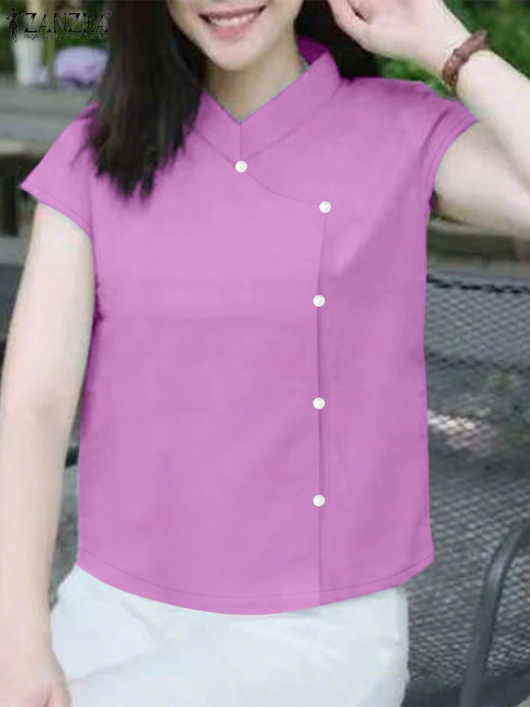 

ZANZEA Women Shirts Solid Color Casual Loose Short Sleeve Tops 2025 Summer Buttons Vintage O-neck Blusas Oversized Tunic S-3XL