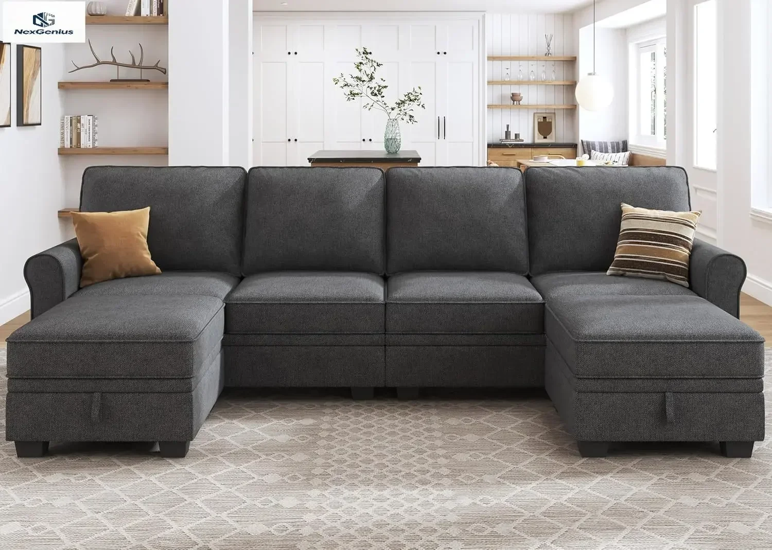 U Shaped Sectional Sofa With Storage Seat Reversible Chaise Convertible Couch For Living Room Dark Grey