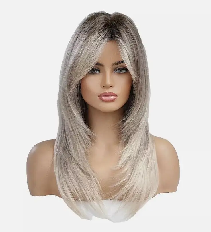 Long Natural Straight Layered Hair Wigs With Bangs for Women Ash Blonde Wigs US