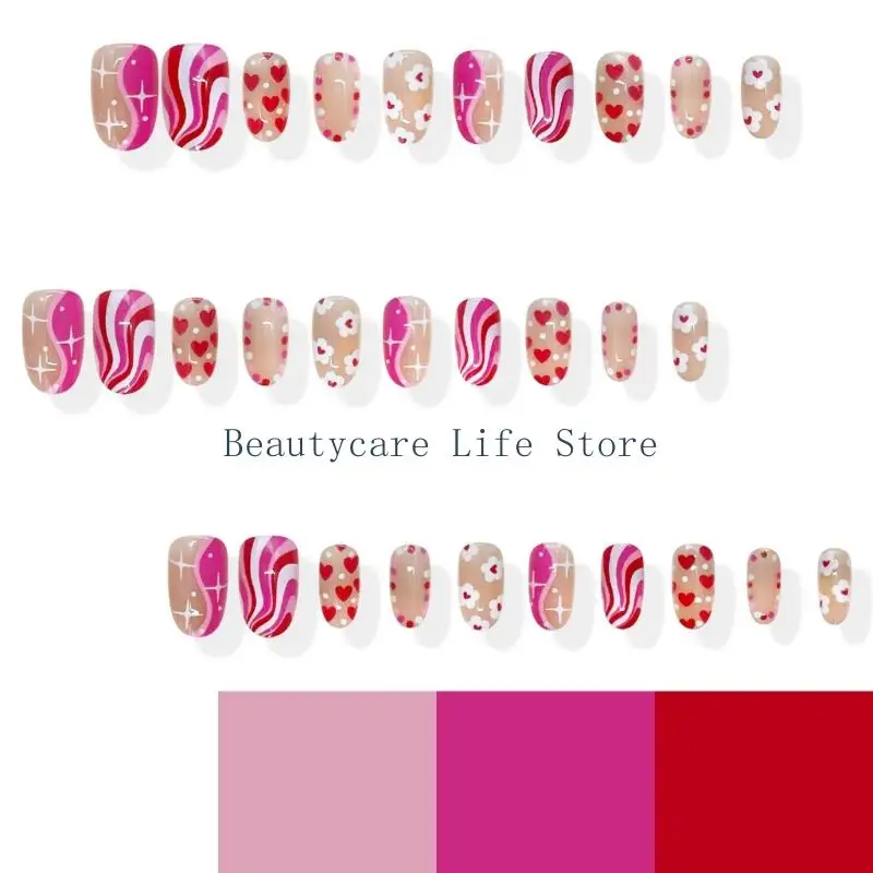 652C 30Pcs Romantics Valentine Pink Press On Heart Flowers and Stripes Design