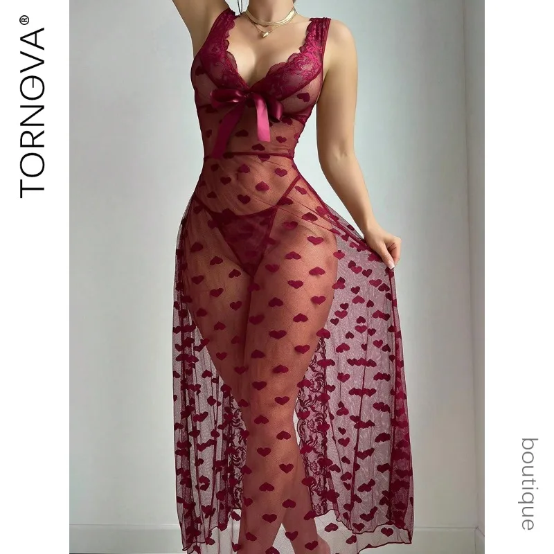 

Tornova Sexy Dress Erotic See-through Sling Mesh Hollow Out Women Slim Gather Together Bow Knot Decor Seductive Elegant Dress