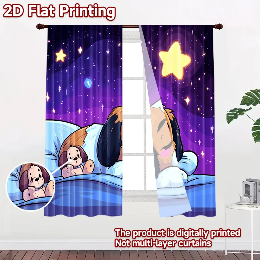 2D flat printing 2pcs Scene Curtains Cute sleeping dog sheep stars Digital Printed Polyester Drapes Festive Holiday for Drapes