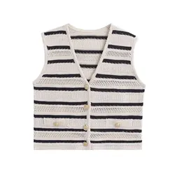 Tangada 2024 Summer Women Striped Hollow Knitted Sweater Jumper Sleeveless Cropped Cardigan AI085