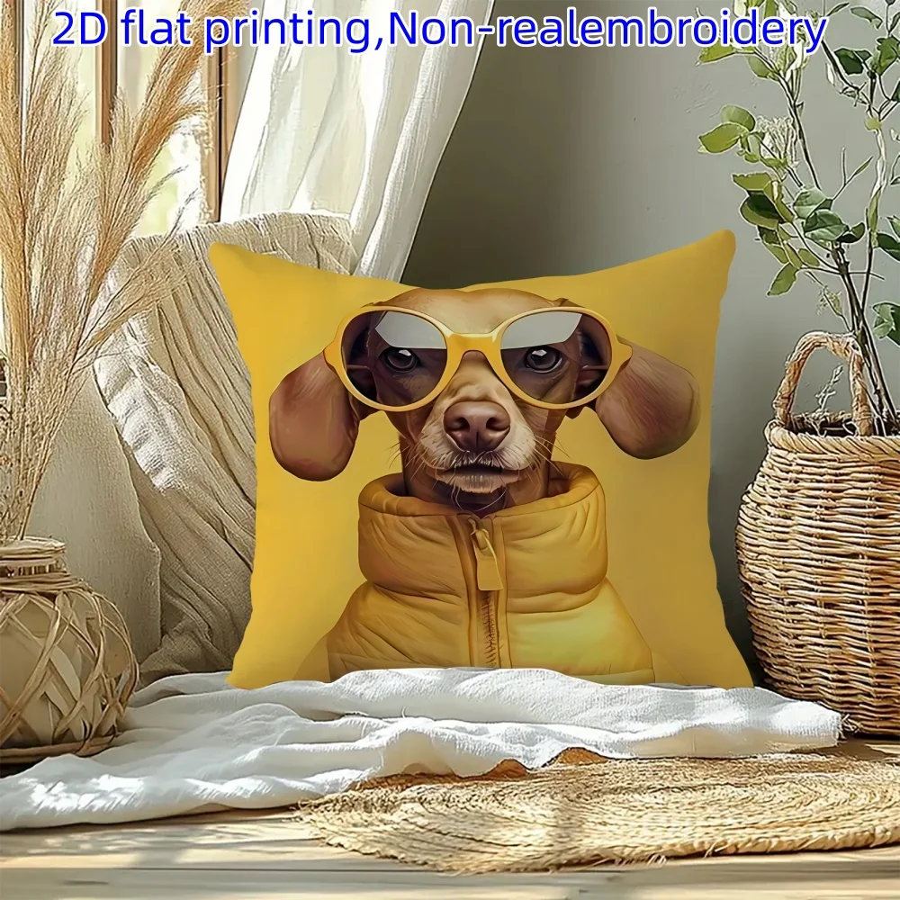 1pc 2D Flat Pillow Not Included Cool Dog Sunglasses Yellow Jacket Cushion Cover Short Plush Trendy Pet Lover Decor Gift Case