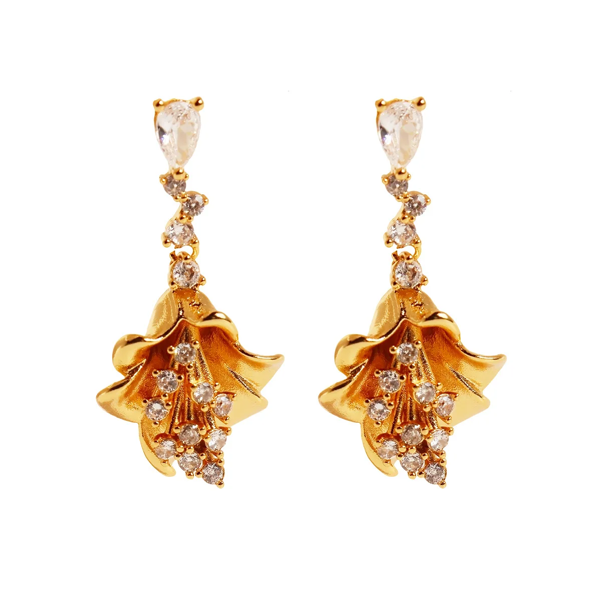Flower Earrings French Retro Niche Yellow Trumpet Earrings Fashionable and Exquisite Micro Inlaid Zircon Women's Jewelry