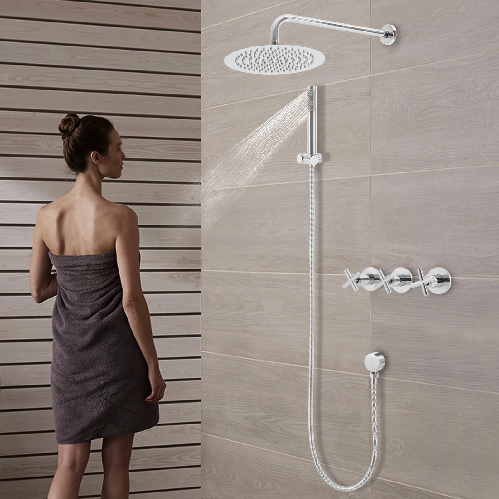 Modern Wall Mounted Shower Set 10-Inch Rain Shower Head with Handheld Spray, Stainless Steel Bathroom Shower Kit with 4.92ft Hose & Ceramic Valve Core, Silver