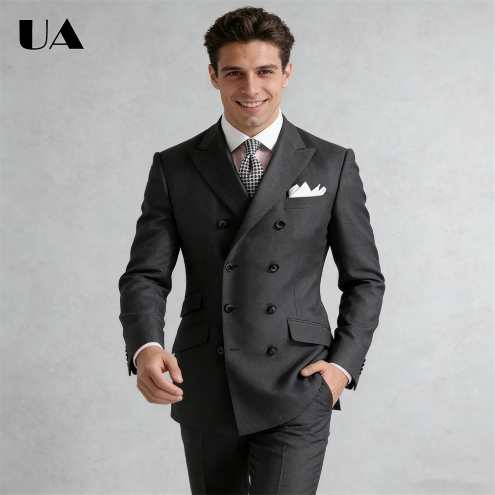 Double Breasted 2-Piece Suit for Business Man, Customized Size Men's Slim Fitting Suit Attire, Jacket Pants Nothced Blazer Tux