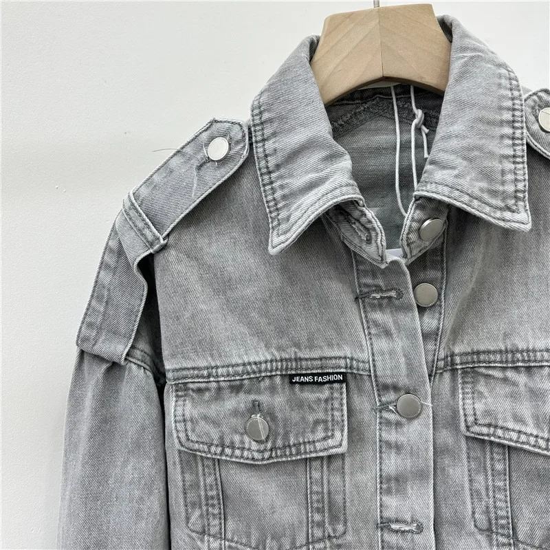 Frühling Herbst Unregelmäßigen Saum Dünne Kurze Denim Jacke Grau Blau Revers Einreiher Langarm Weibliche Jeans Jacke Grundlegende mantel