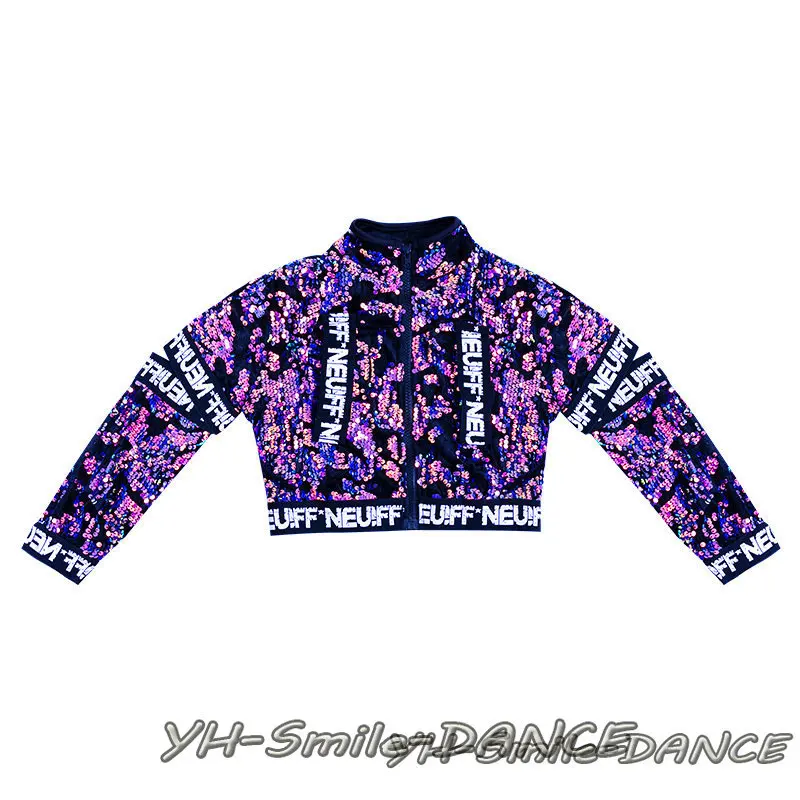 Sequin Suits Braid Children Show Model T-Stage Dancer Clothing Fashion Hip Hop Jazz Dancing Outfit Dance Costume Kids Purple