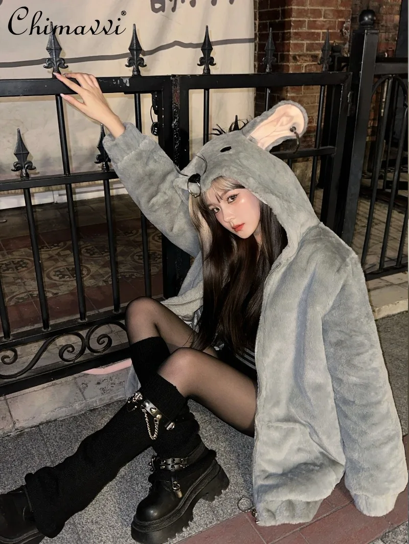 Japanese Subculture Cute Mouse Plush Jacket Halloween American Y2K Long Sleeve Loose Warm Coat Top 2025 Autumn Winter New