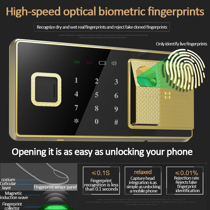 Coffre-fort de chevet avec empreinte digitale, 55cm de haut, mot de passe invisible, coffre-fort antivol, table de cendres dans le mur, double alarme, reconnaissance qualifiée ale