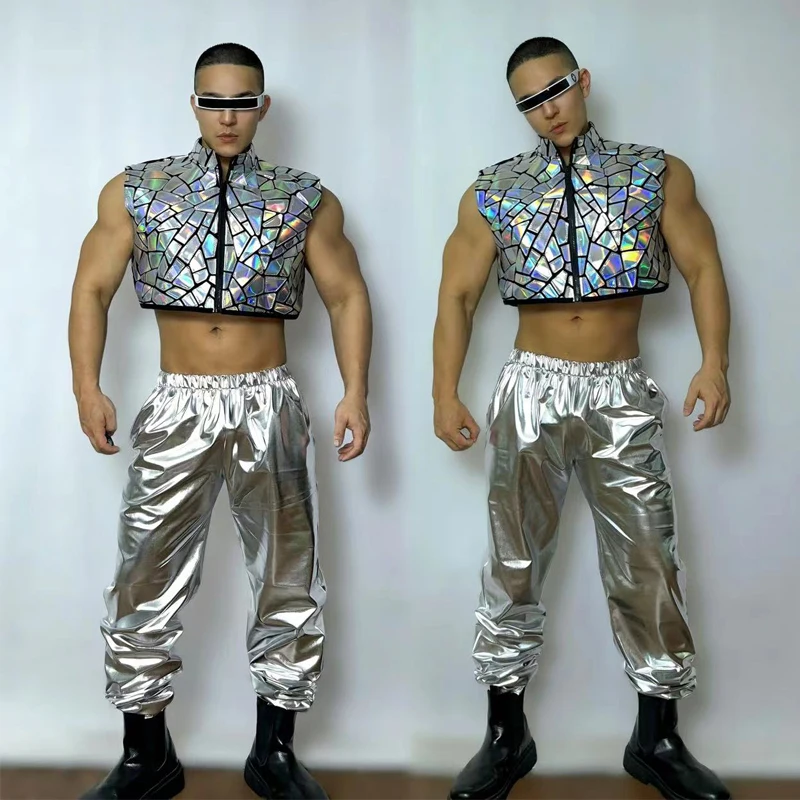 

Men Bar DS DJ Gogo Dance Costumes Sexy Pole Dance Outfits Mirrors Vest Silver Pants Muscle Man Jazz Performance Wear XS8092