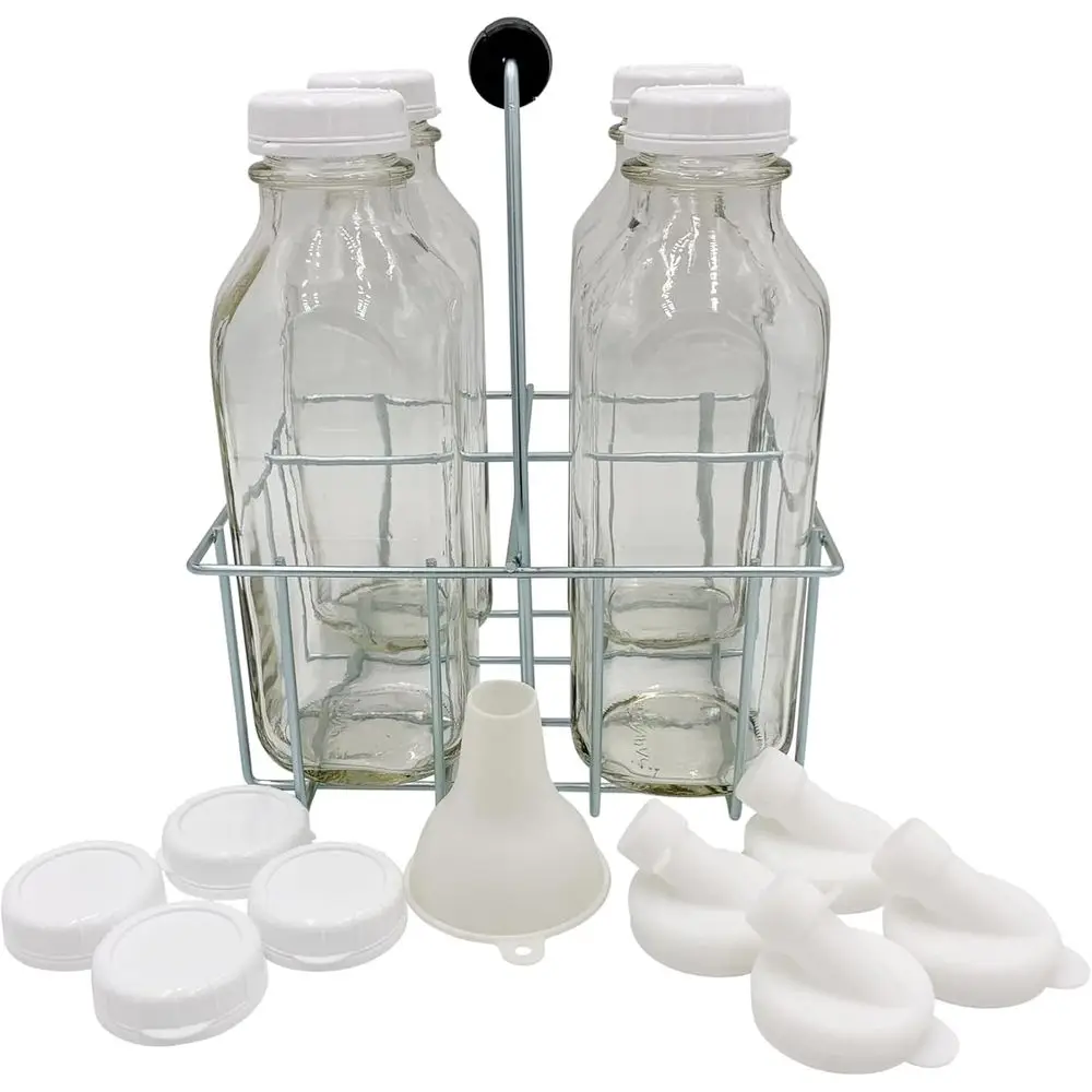 

Heavy Glass Milk Bottles with Extra Lids, Silicone Pour Spouts, and Wire Carrier - Reusable, Clear Containers - Made in USA (4 C