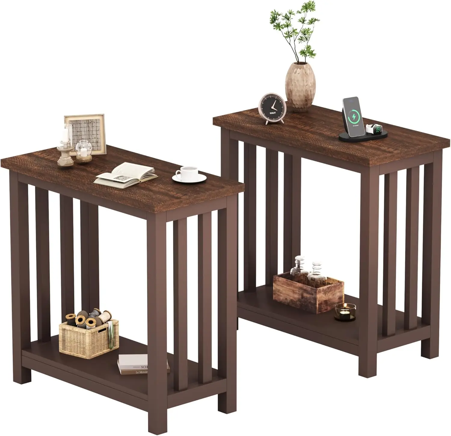 

End Tables Set of 2, Narrow Side Tables for Small Spaces, Night Stands with Storage Shelf for Living Room and Bedroom, Espresso