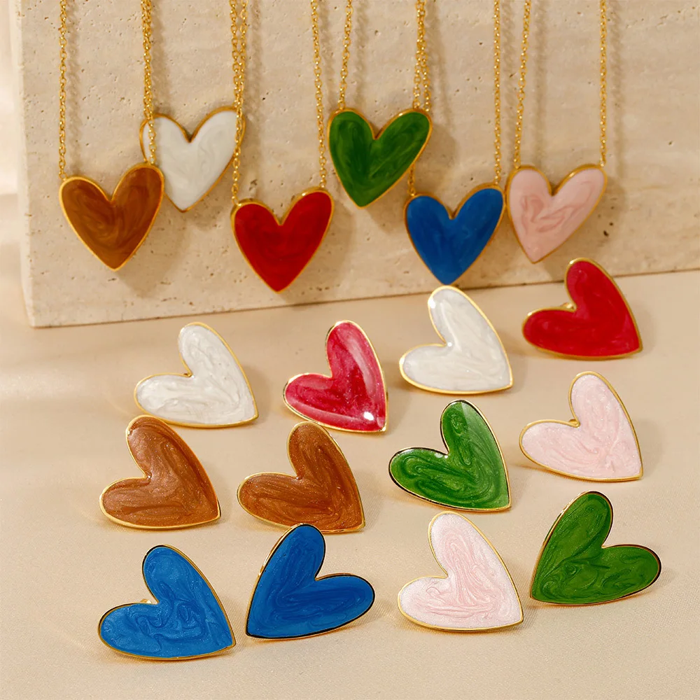 Ins 18K Gold PVD Plated Stainless Steel Colorful Enamel Heart Necklace Earring Set For Women Spring Summer Jewelry  Waterproof