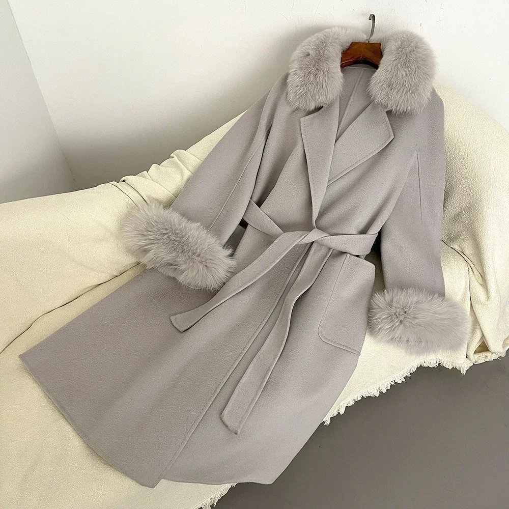 Real Fox Fur Coat for Women Wool Woolen Natural Real Fox Fur Collar Winter Jacket Ladies Belt Warm Outerwear Streetwear 2024