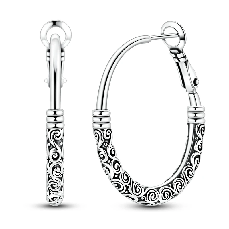 925 Sterling Silver Oval Hoop Earrings for Women Vintage Spiral Scroll Engraved Ear Buckle Eternal Life Bohemian Jewelry Gift
