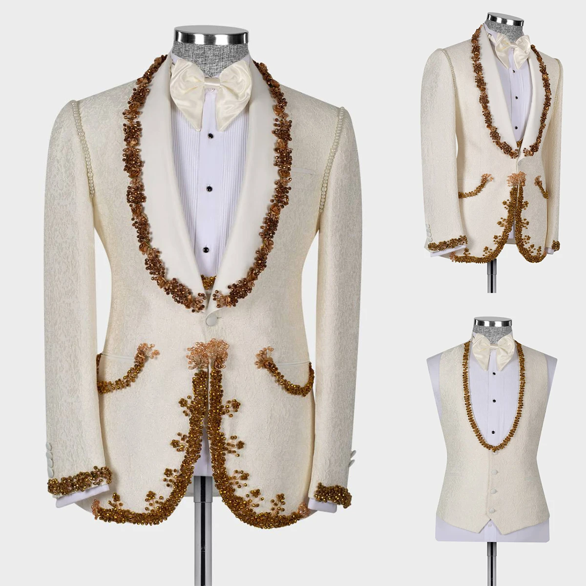 

Crystal 3 Pieces Men Suits Pants Set Blazer+Vest+Trousers Custom Made Wedding Jacquard Groom Tuxedo Prom Dress Formal Jacket