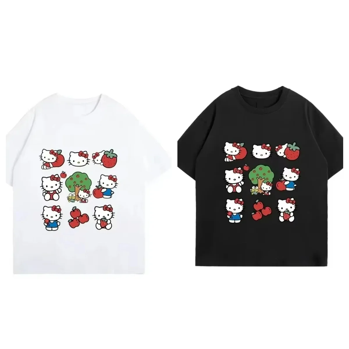 Hello Kitty Sanrio Divertente T-shirt in cotone stampato Estate Cartoon Graphic T-shirt da donna Girocollo Moda Abiti casual larghi
